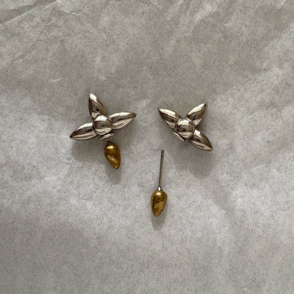 Sterling Silver 925 Floral Earrings Jackets flower gold reversible men unisex